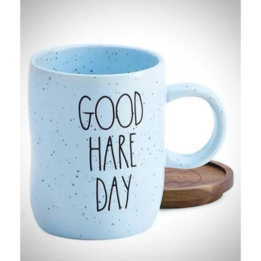 Rae Dunn Good Hare Day Coffee Mug Blue Speckled Wood Lid